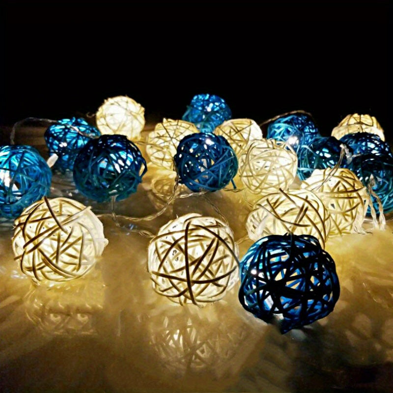 LuxeGlow - Blue White Rattan Light Strings 2m 20 LEDs, Battery-Powered Decorative Lighting