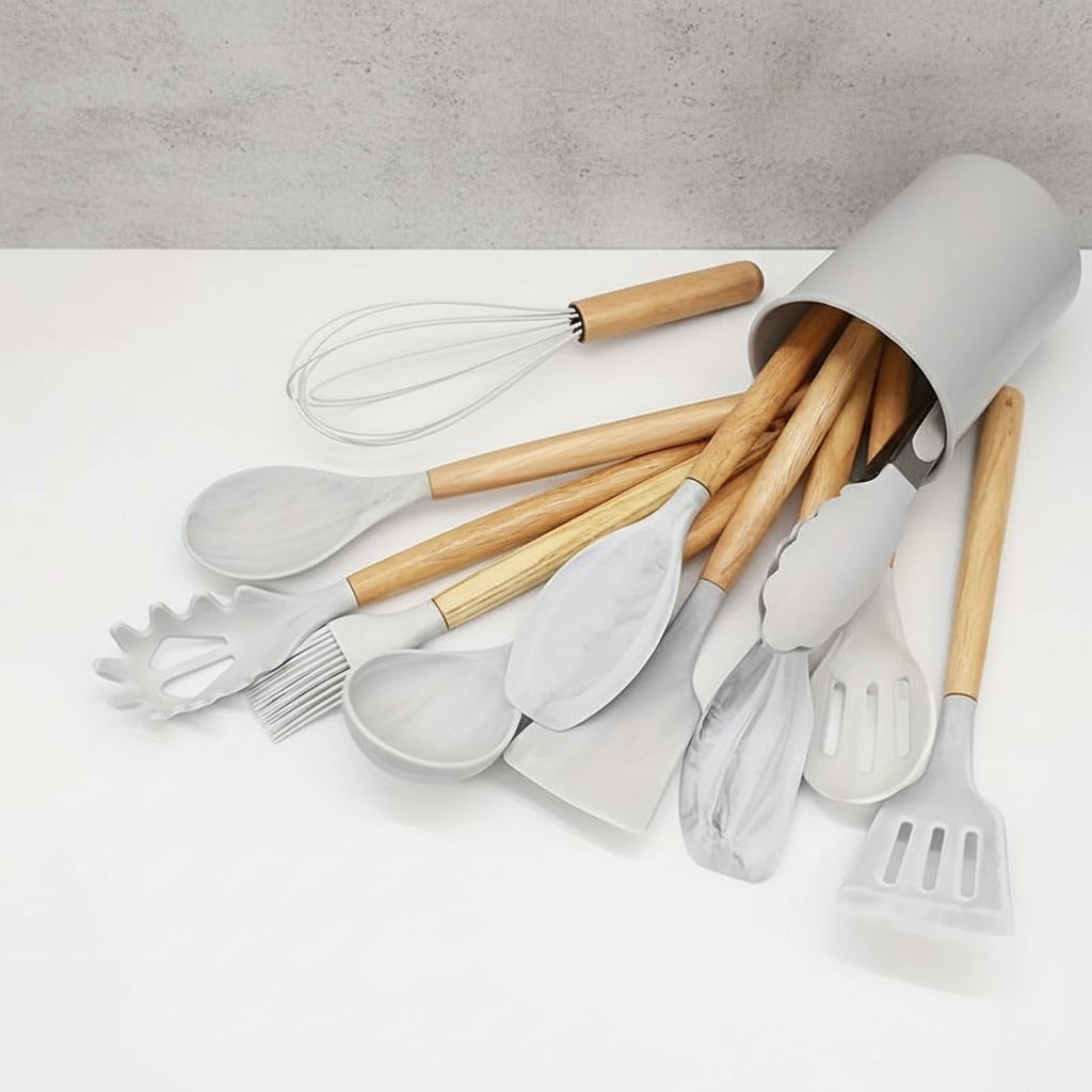 Kitchen Utensil Set Silicone Wooden Handles Heat Resistant