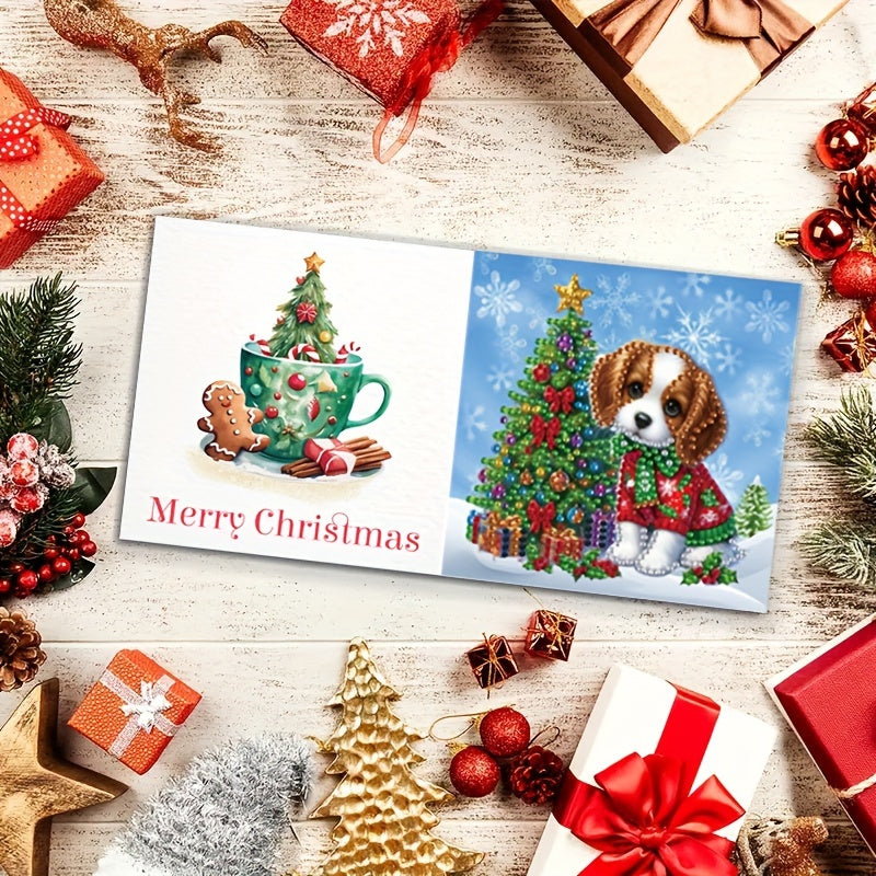 Paquete de 6 tarjetas de pintura de diamantes navideñas - Diseño de perro de nieve y árbol de Navidad