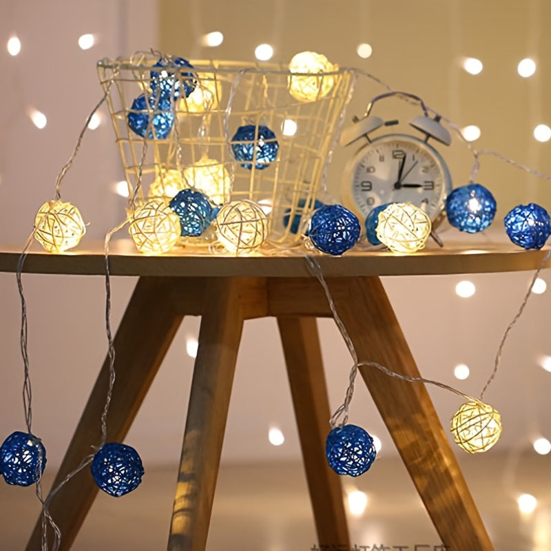 LuxeGlow - Blue White Rattan Light Strings 2m 20 LEDs, Battery-Powered Decorative Lighting