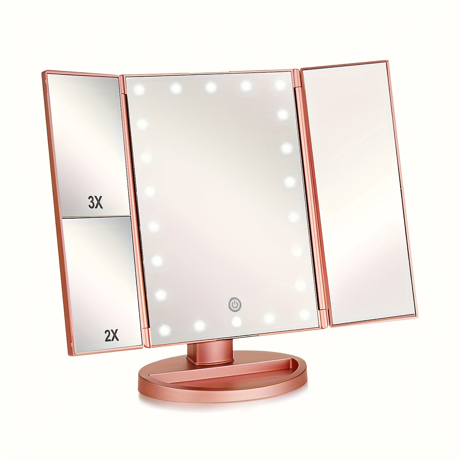 Tri-fold Verlichte Make-up Spiegel met 3x/2x Vergroting, 21 LED's en Touchscreen – 180 Graden Draaibare Tafelspiegel voor Reizen