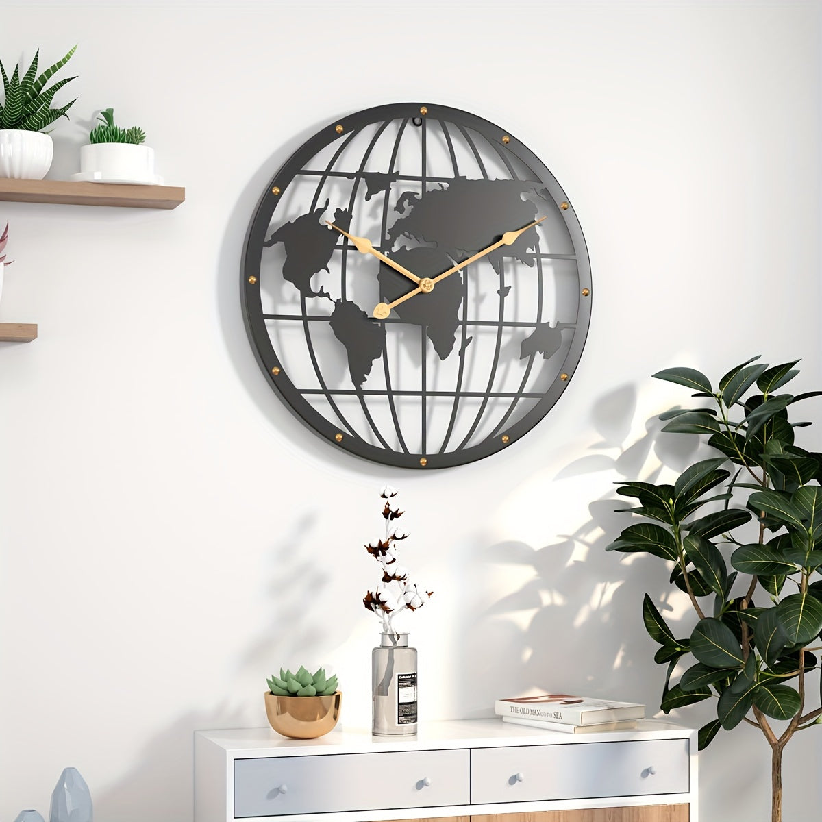 World Map Wall Clock - Silent 40cm Metal Clock with Gold Numbers