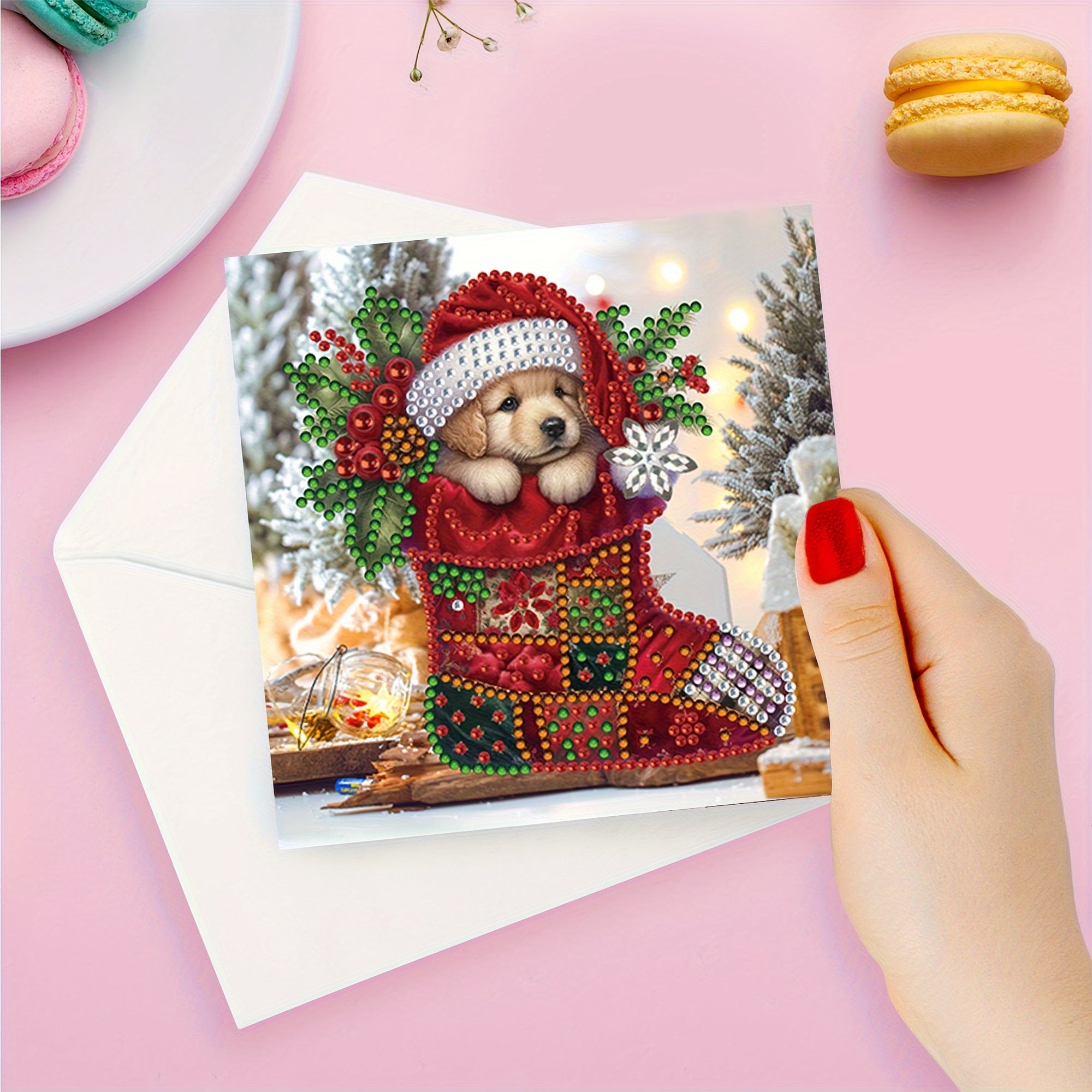Set de 6 tarjetas de felicitación de pintura de diamantes - Diseños de cachorro, ratón y gatito navideños