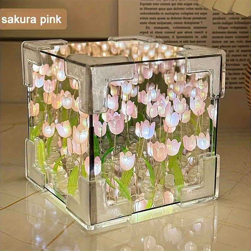 TulipGlow - Candeeiro de noite LED de tulipas feito à mão e espelho