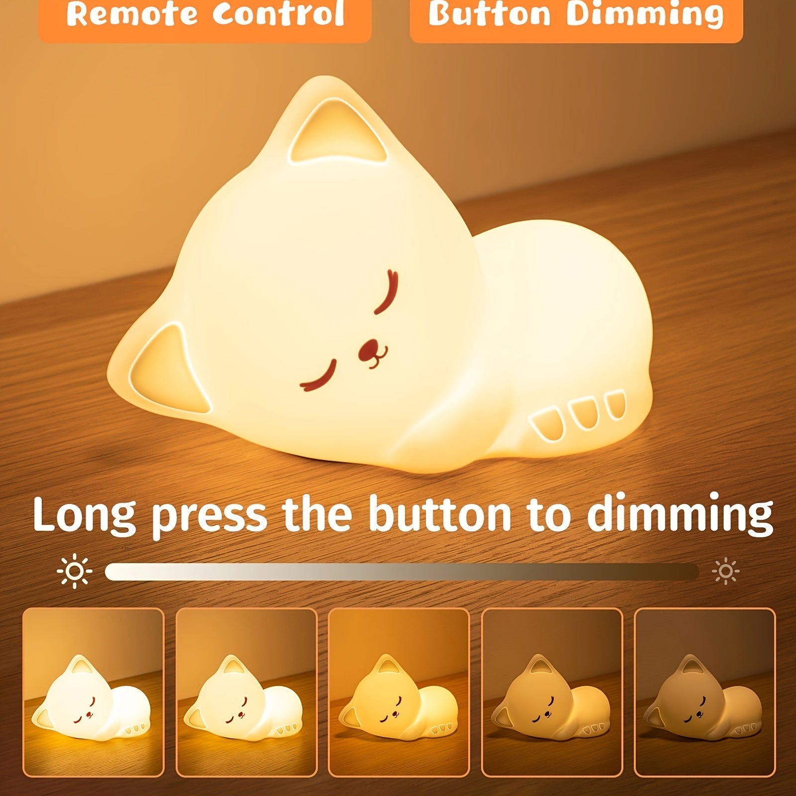 KittyGlow - Lámpara nocturna para gatos adorable con control remoto y lámpara de silicona recargable por USB