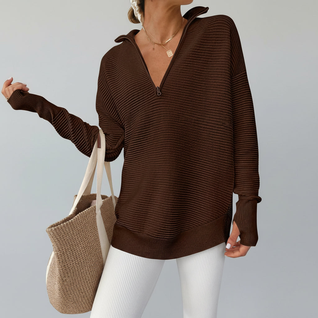 Dames Trui Gebreid Half Zip V Hals Ribstof Oversized