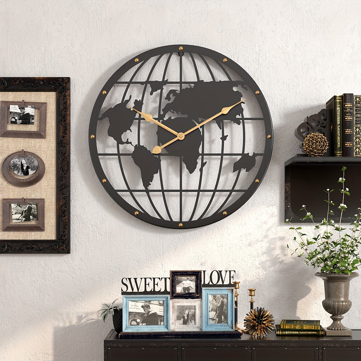 World Map Wall Clock - Silent 40cm Metal Clock with Gold Numbers