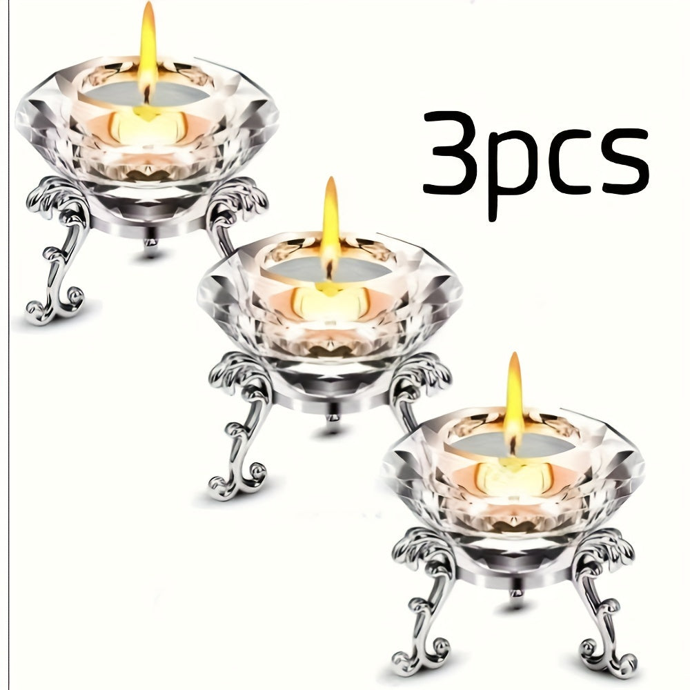 Juego de 2 candelabros de cristal transparentes - estilo europeo, candelabro romántico de diamante con base triangular de metal