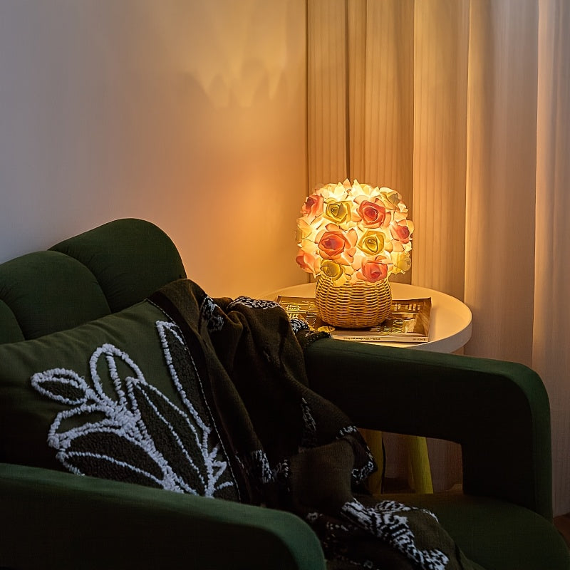 FloraGlow - Lámpara de mesa USB Art Deco Roos con base pulida y bombilla