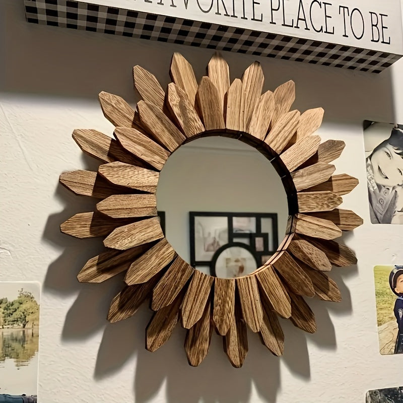 1 Piece Bohemian Sunflower Mirror - Wooden Wall Mirror, Decorative Mirror