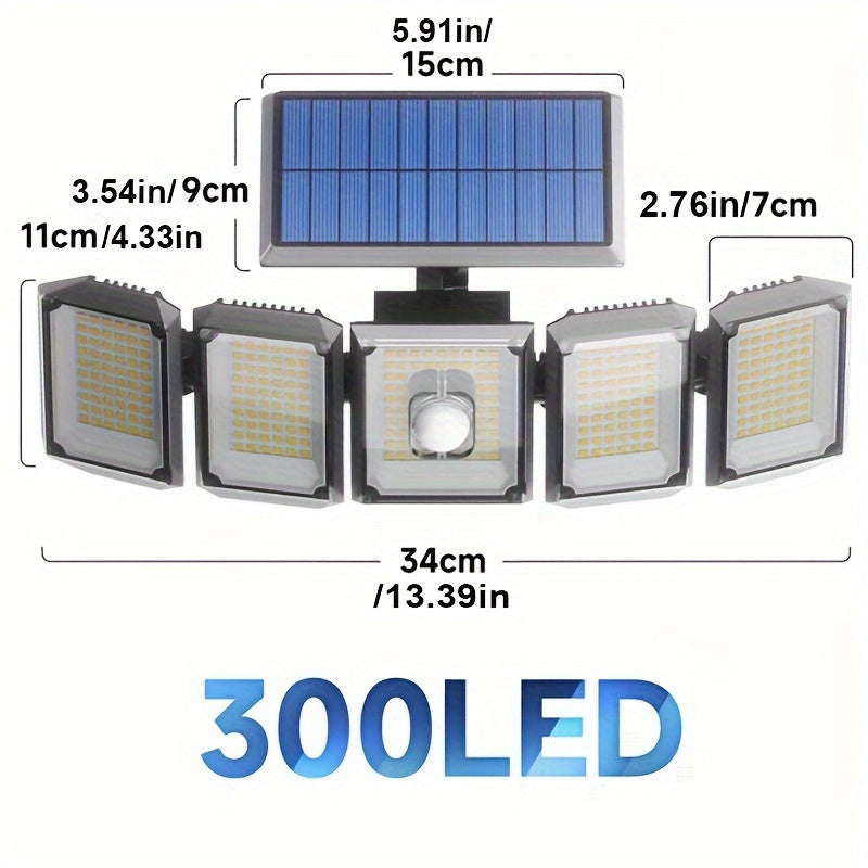 SolarGuard - Energía solar 5 cabezas 300 LED lámpara exterior con sensor de movimiento