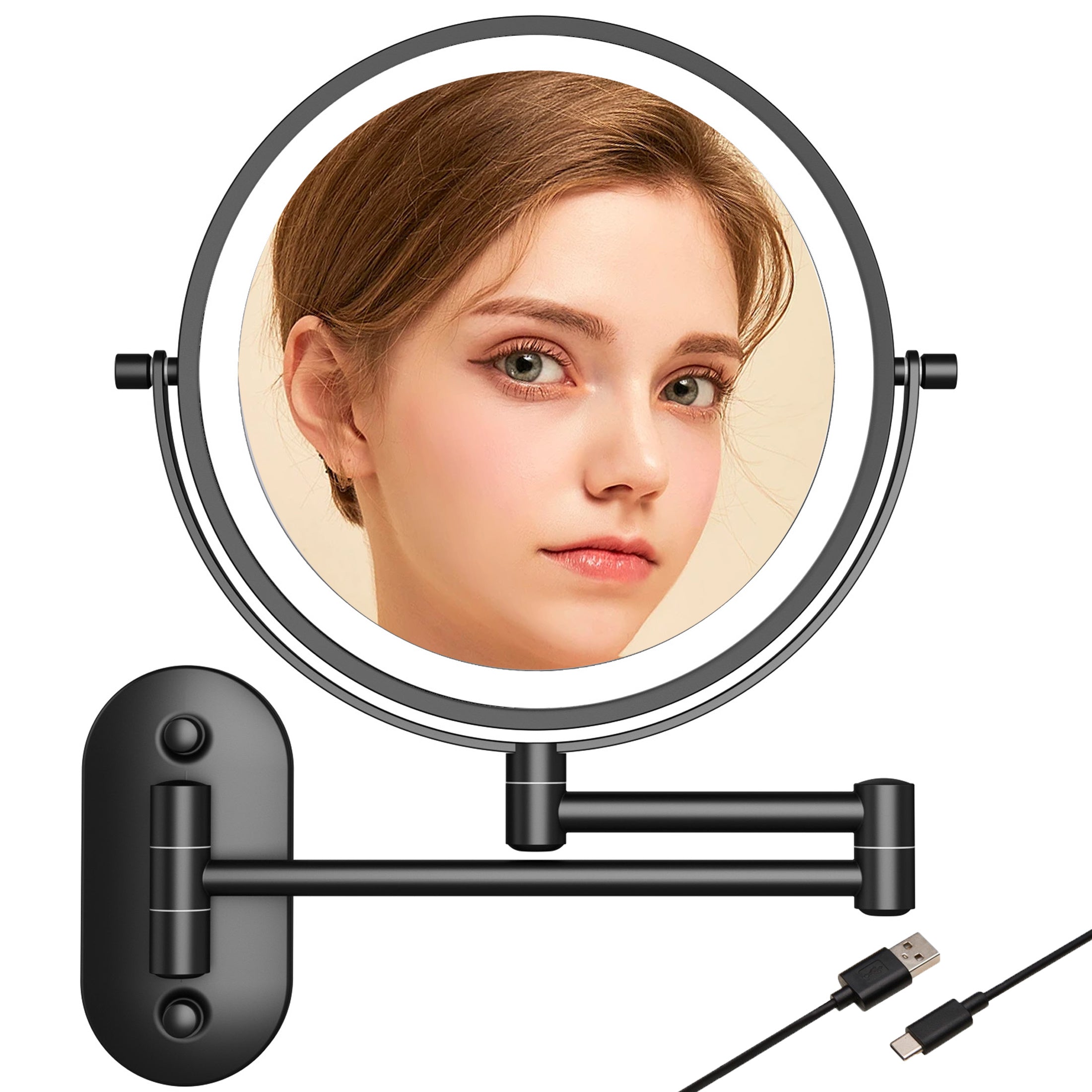 ED Make-up Mirror with Lighting - Double-sided, 3/5/7/10X Magnification, Dimmable LED Lights, Extendable Arm