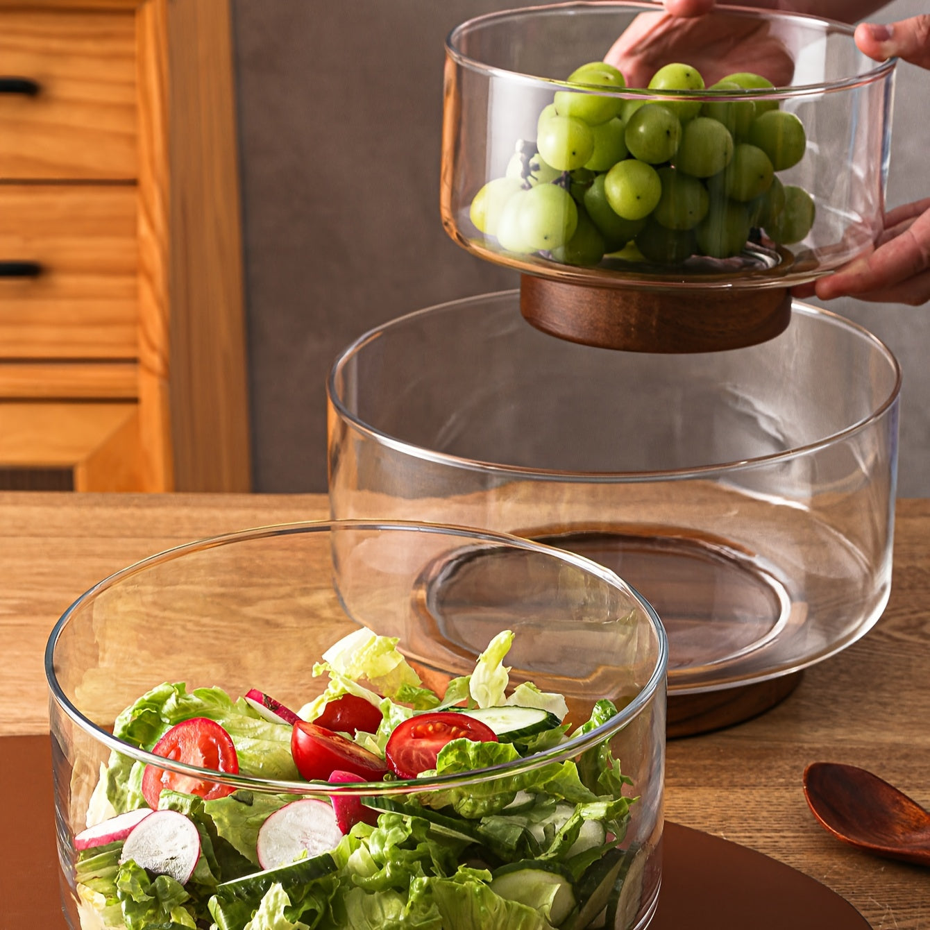 GlassServe-Fruitschaal - Glazen Fruitschaal met Houten Basis voor Keukentafel