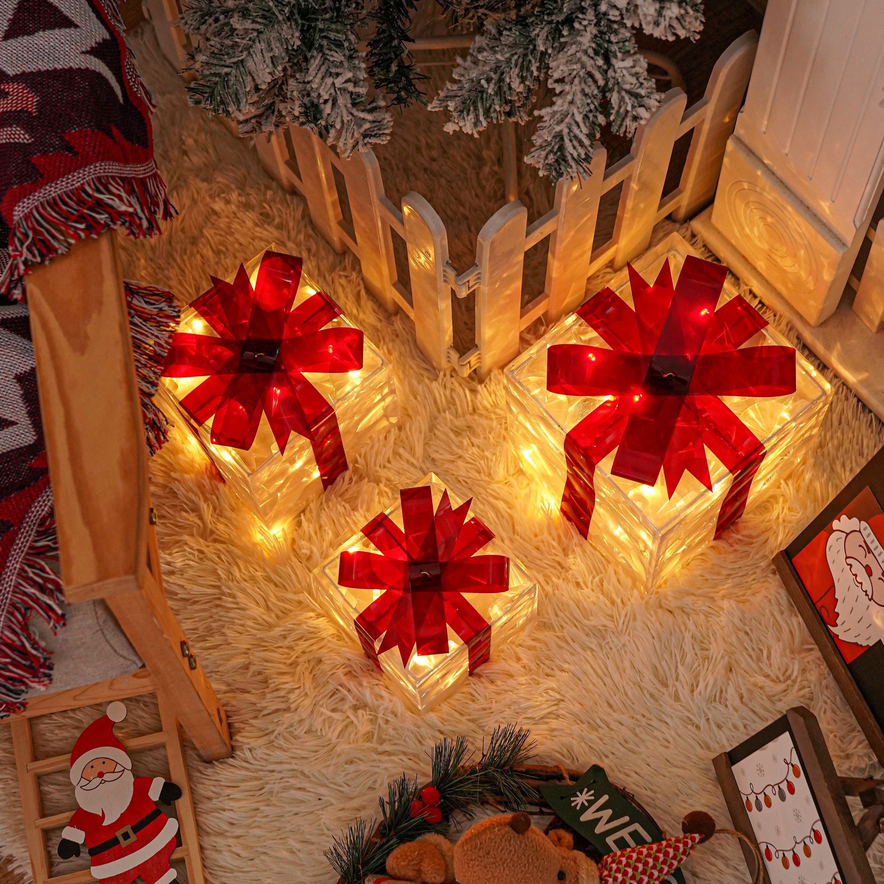 CadeauLicht - Set van 3 Verlichte Kerstcadeaudozen met Rode Strik