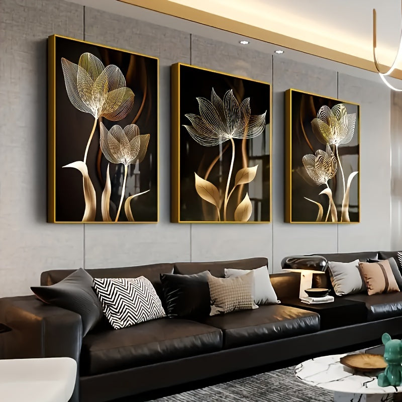 3-delige Luxe Canvas Posters - Gouden Bloemen Kunstwerken, Wanddecoratie voor Woonkamer, Slaapkamer, Kantoor, Hal en Keuken, Zonder Lijst