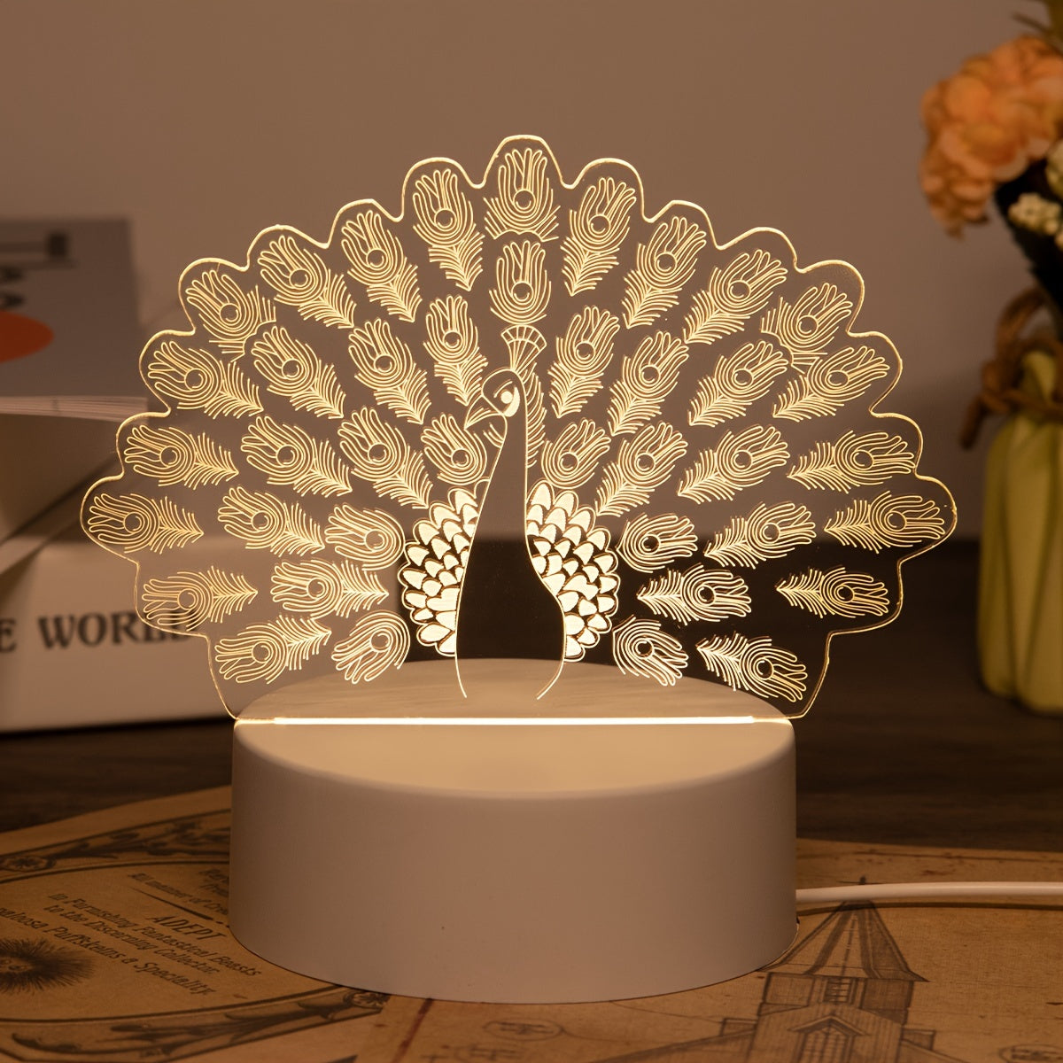 LumiPauw - Lámpara de escritorio LED creativa alimentada por USB, moderna lámpara de noche pavo real
