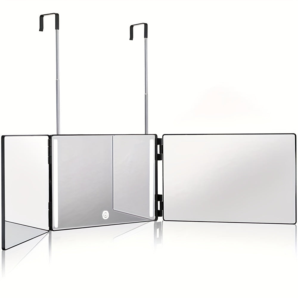 Espejo de 3 lados para cortar el cabello – Espejo de maquillaje LED plegable 360° con altura ajustable, portátil para viajes