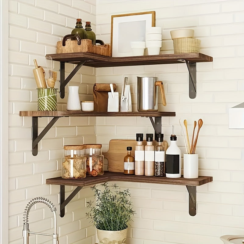 RusticCorner - 3/5 Stuks Zwevende Hoekplank - Houten Wanddecoratie en Opbergrek
