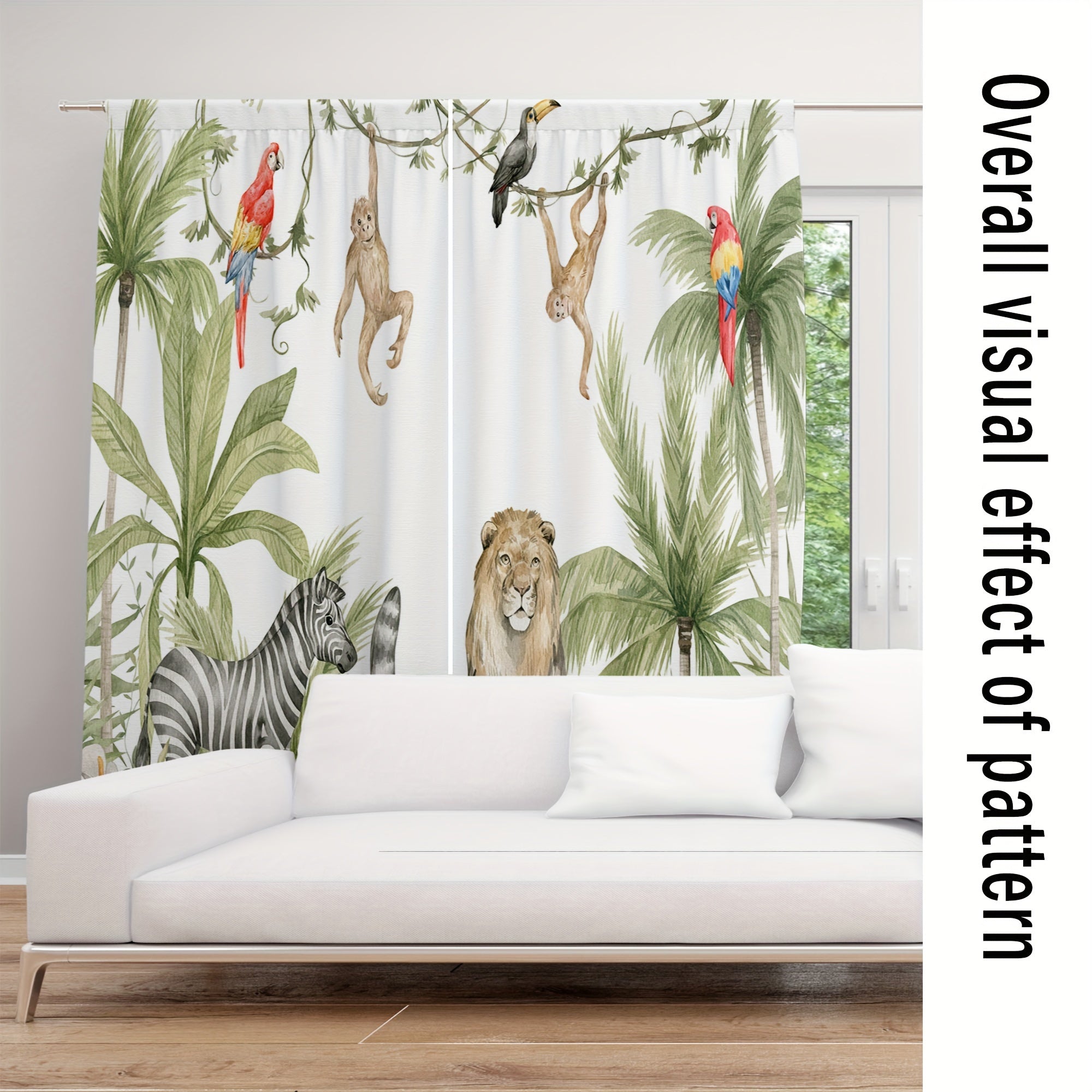 Tende Safari nella Giungla Classiche - 2 Pezzi in Satin Poliestere Traslucido con Stampa Animali per Camera da Letto