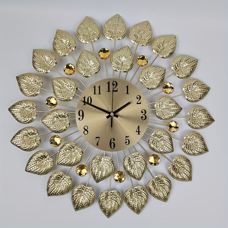 Reloj de pared moderno y silencioso con diseño de hojas doradas – Metal, reloj redondo, batería AA, sin tic-tac para sala de estar y comedor