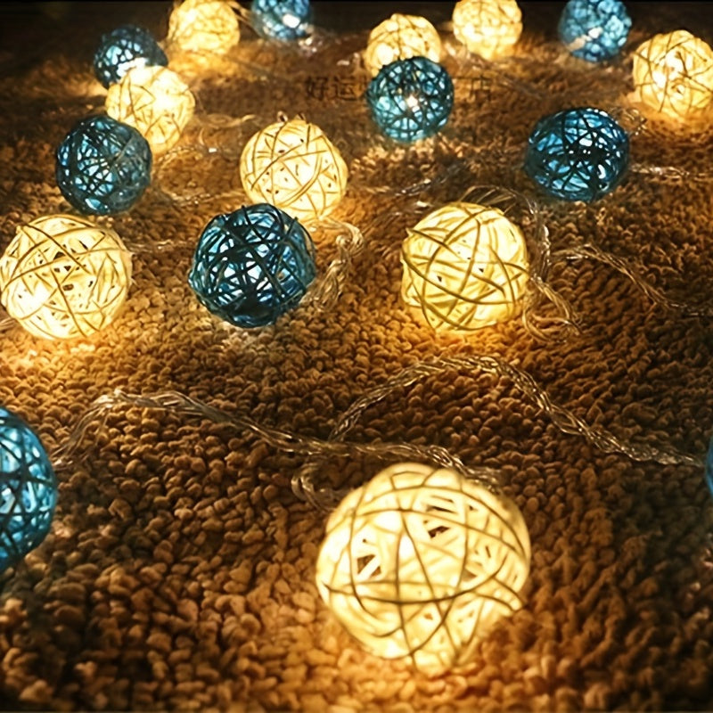 LuxeGlow - Blue White Rattan Light Strings 2m 20 LEDs, Battery-Powered Decorative Lighting