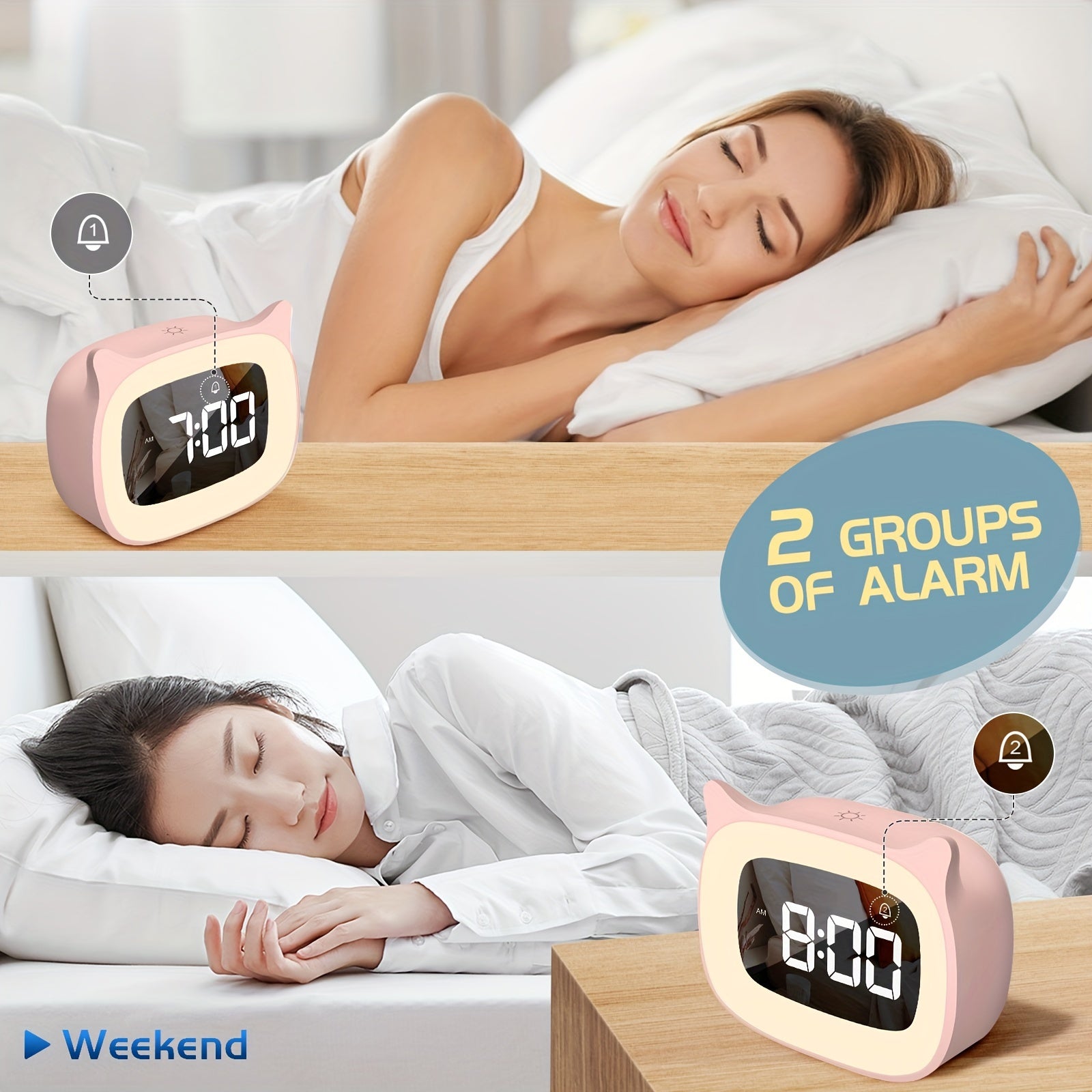 KittyGlow - Reloj despertador con orejas de gato adorables y luz nocturna