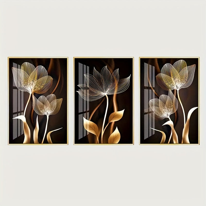 3-delige Luxe Canvas Posters - Gouden Bloemen Kunstwerken, Wanddecoratie voor Woonkamer, Slaapkamer, Kantoor, Hal en Keuken, Zonder Lijst