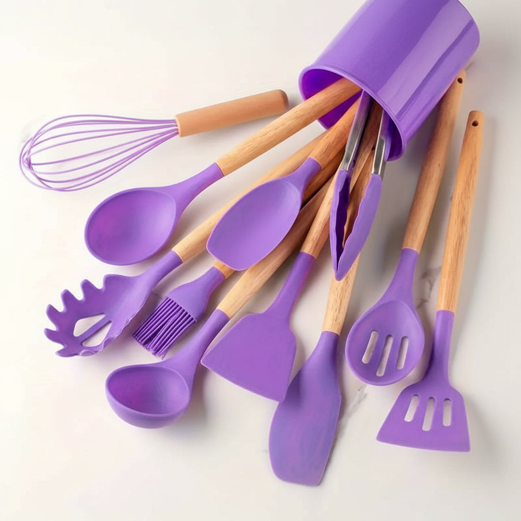 Kitchen Utensil Set Silicone Wooden Handles Heat Resistant