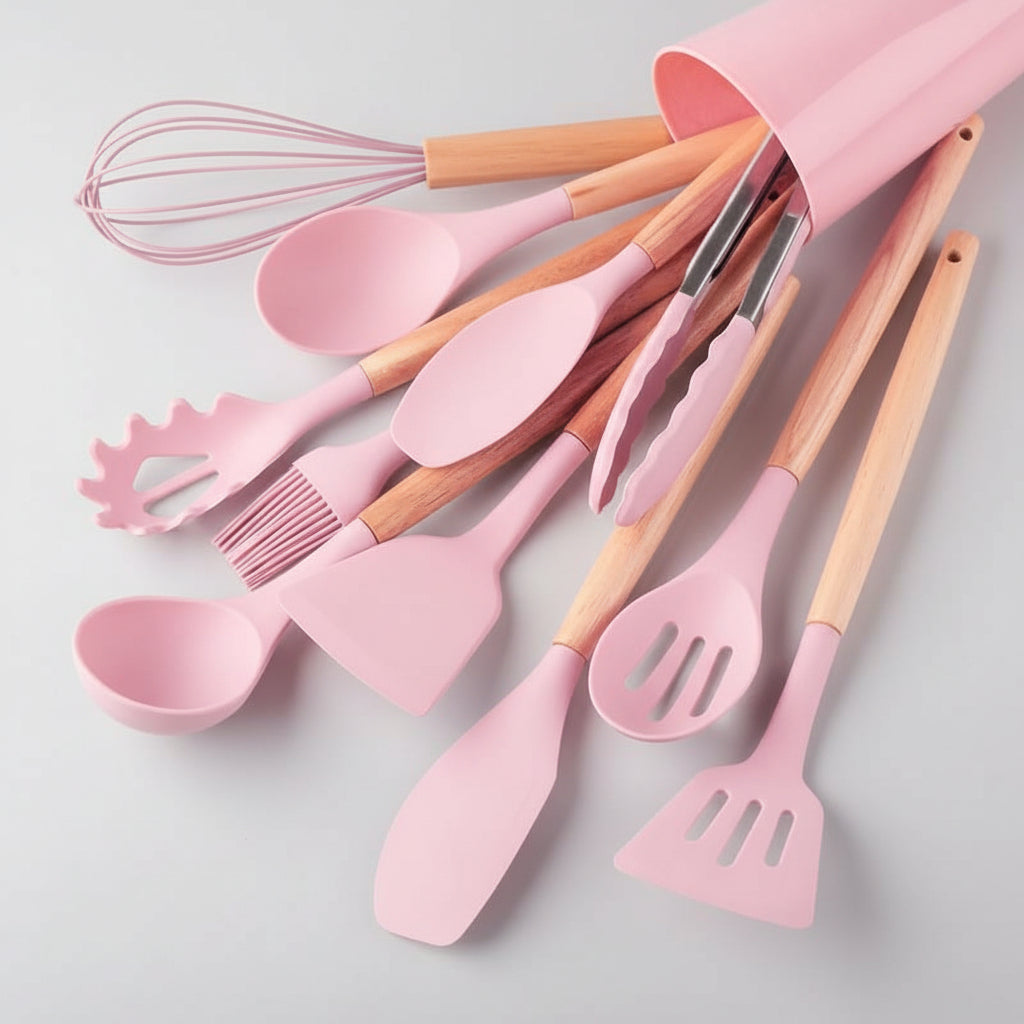 Kitchen Utensil Set Silicone Wooden Handles Heat Resistant