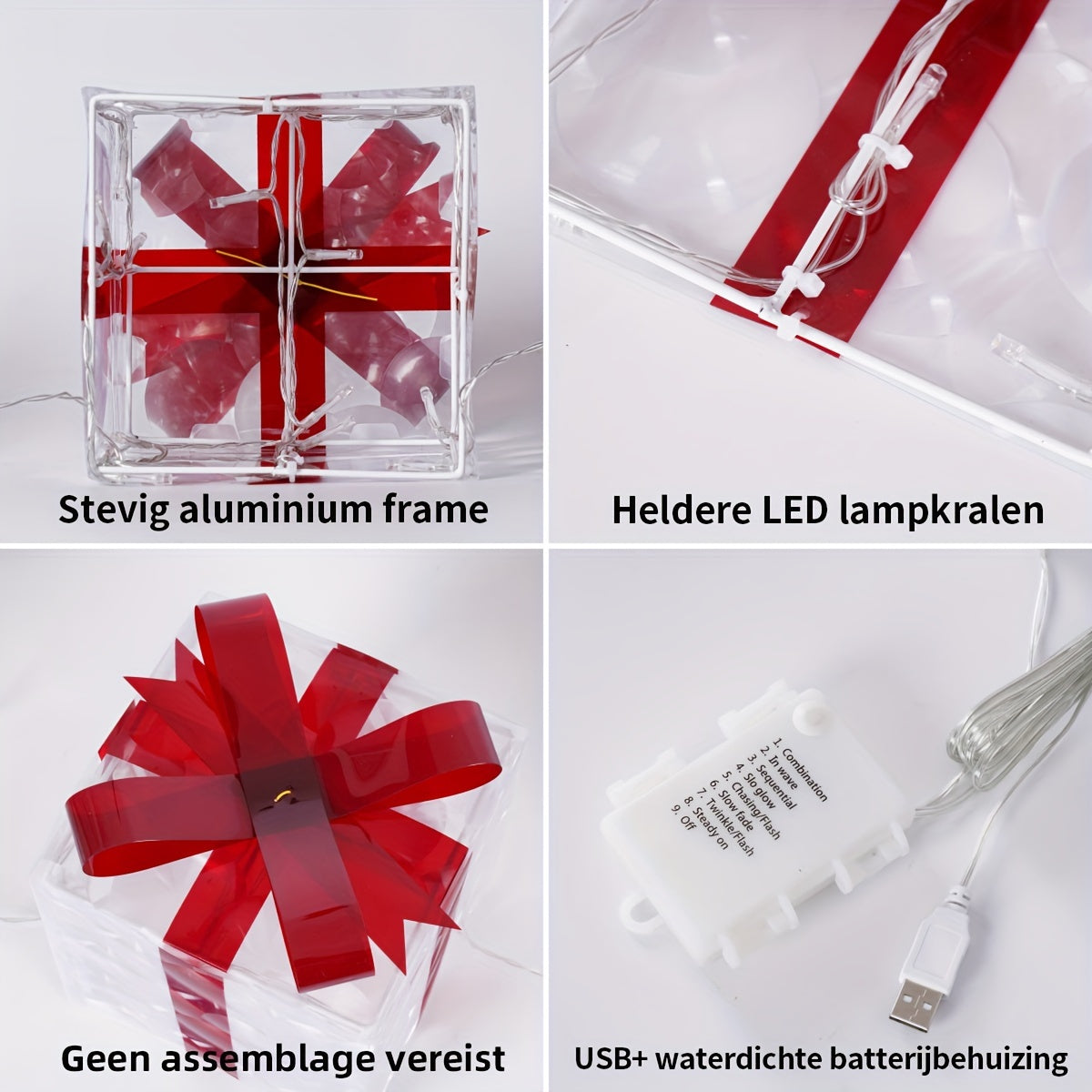 CadeauLicht - Set van 3 Verlichte Kerstcadeaudozen met Rode Strik