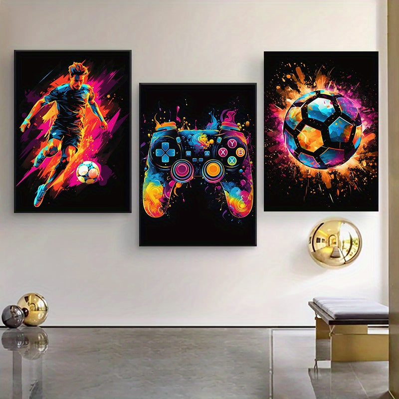 Set de 3 pósters en lienzo - Arte moderno, póster abstracto de fútbol, controlador de juego decorativo con salpicadura de colores, decoración de pared sin marco