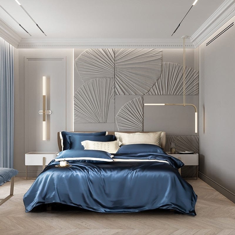 Set di biancheria da letto in seta di gelso blu navy premium