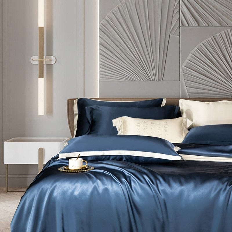 Set di biancheria da letto in seta di gelso blu navy premium