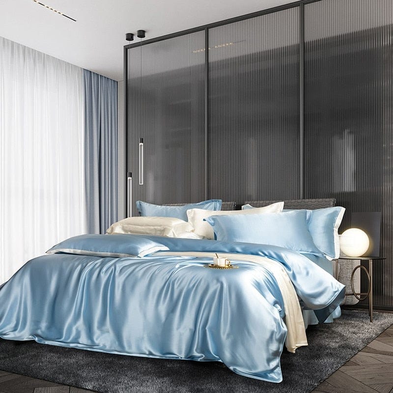 Set di biancheria da letto in seta di gelso blu cielo premium