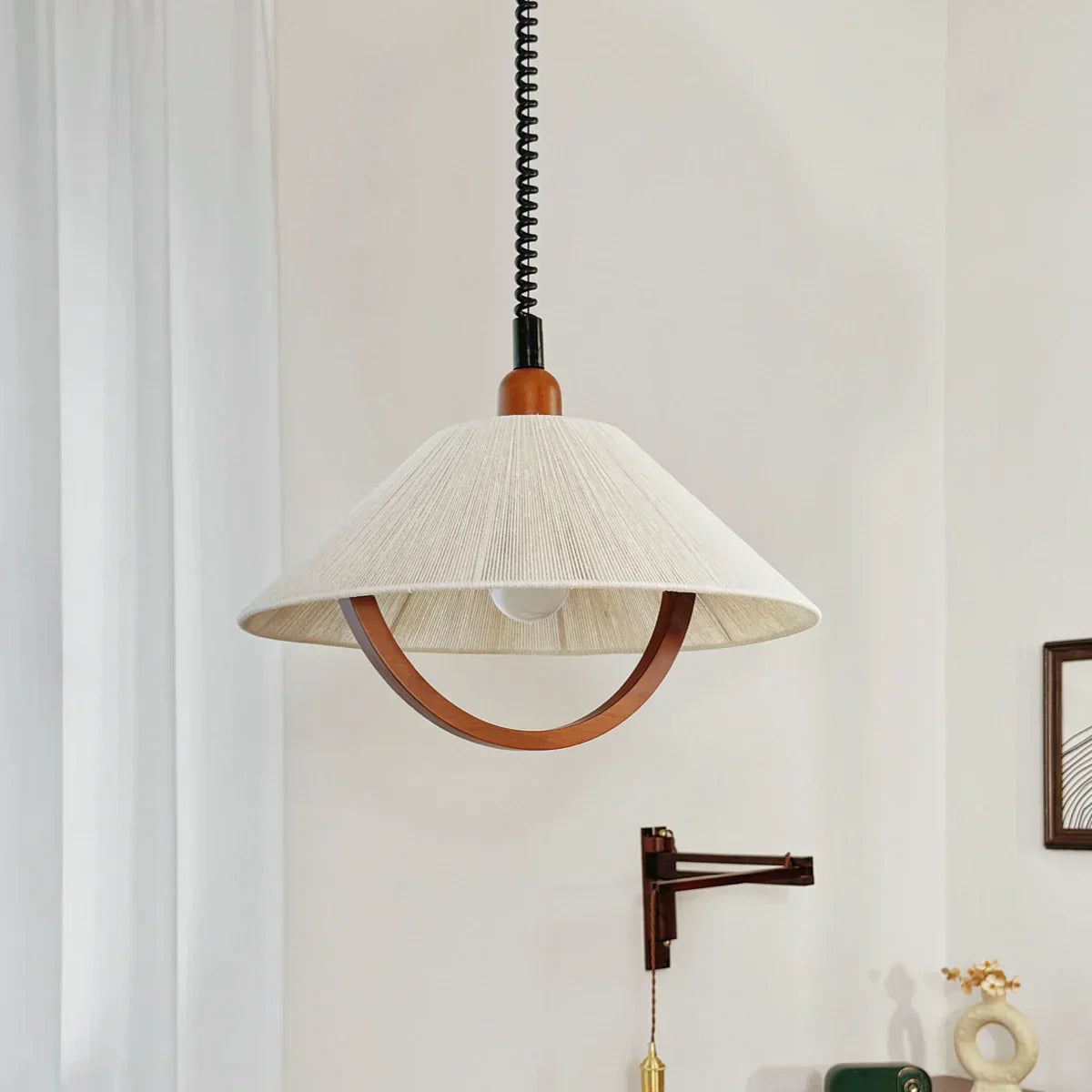 FabricWood - Verstelbare Vintage Hanglamp van Stof en Hout voor Woonkamers en Eetkamers