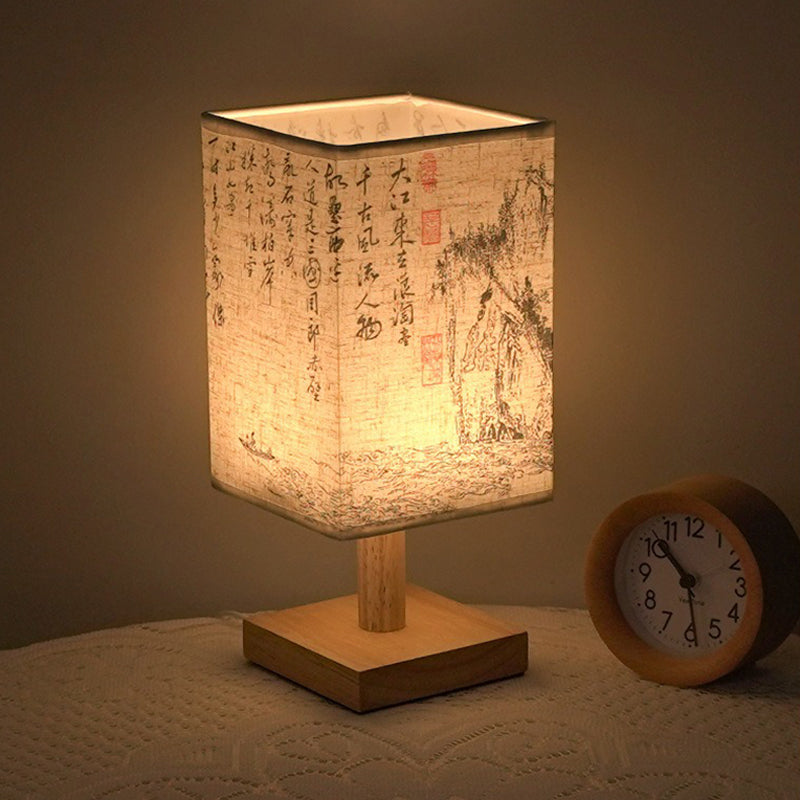 LumiSquare - LED Tafellamp met Houten Basis en Japans Patroon, Modern Vierkant Design