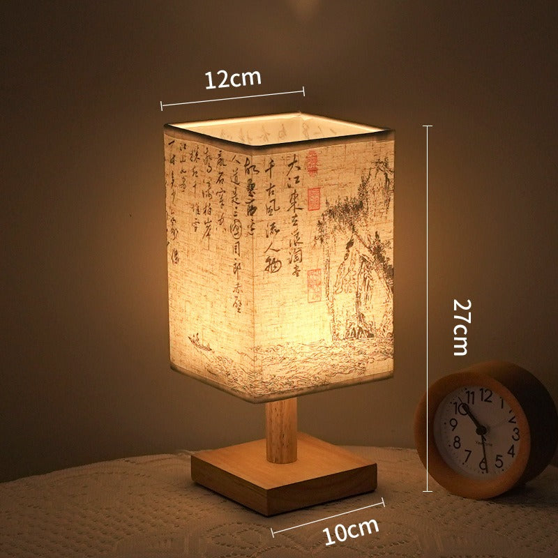 LumiSquare - LED Tafellamp met Houten Basis en Japans Patroon, Modern Vierkant Design