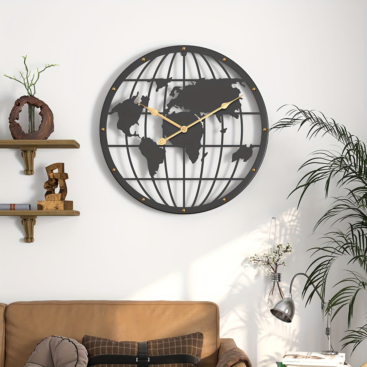 World Map Wall Clock - Silent 40cm Metal Clock with Gold Numbers