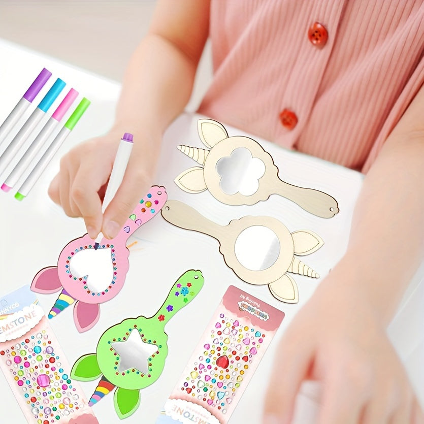 12 Piezas Espejos de Madera DIY Unicornio - Grafiti Pintado a Mano, Decoración de Pared sin Batería