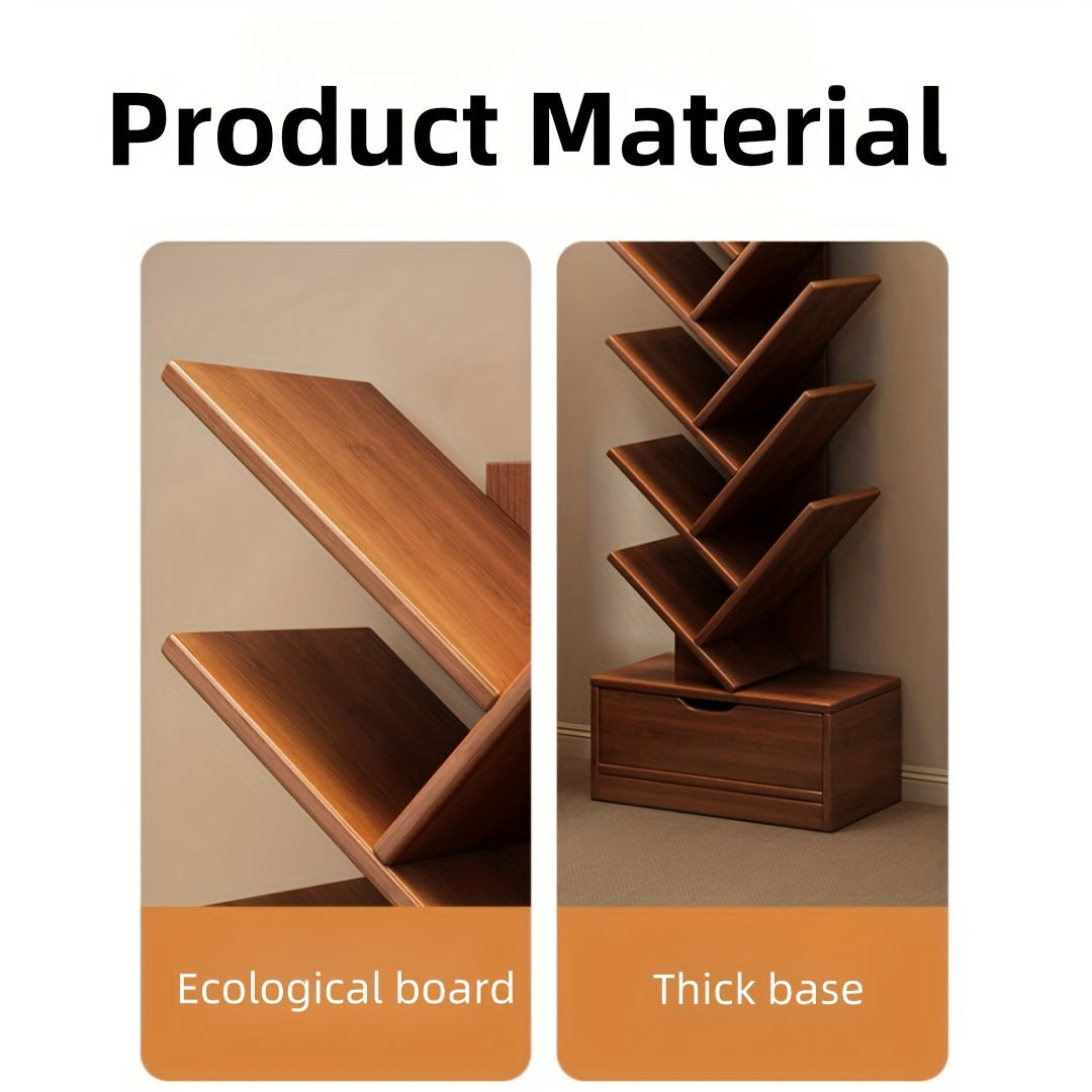 TreeShelf - Verticale Houten Boekenkast met Scheve Planken voor Woonkamer, Vrijstaand Ontwerp