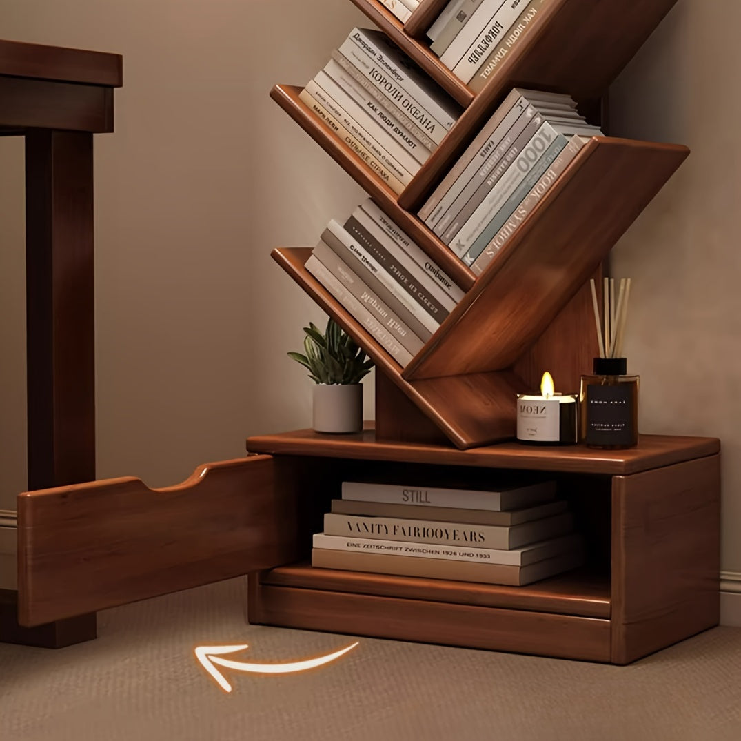 TreeShelf - Verticale Houten Boekenkast met Scheve Planken voor Woonkamer, Vrijstaand Ontwerp