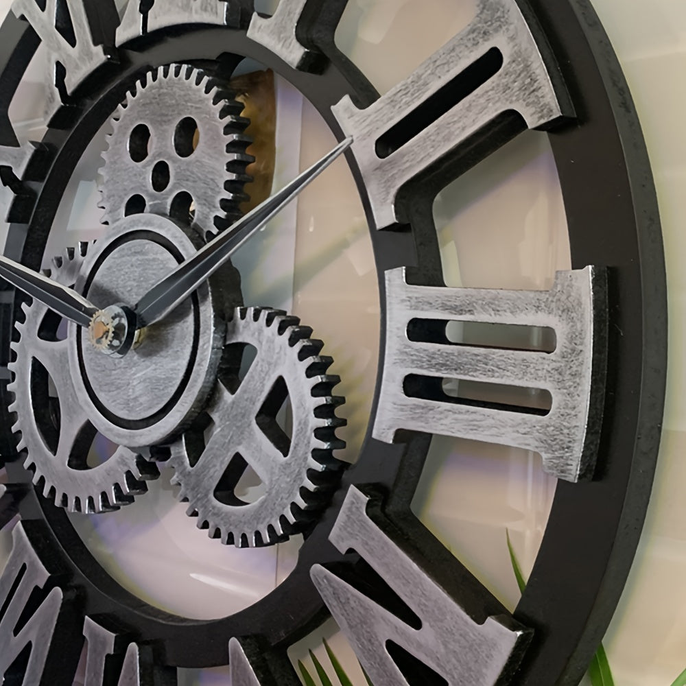 Reloj de pared romano de engranajes plateados sobredimensionado - Reloj silencioso para sala de estar, oficina y cocina