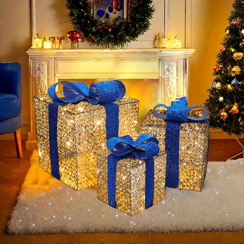 GlowGifts - Set of 3 Lighted Christmas Gift Boxes with Bows