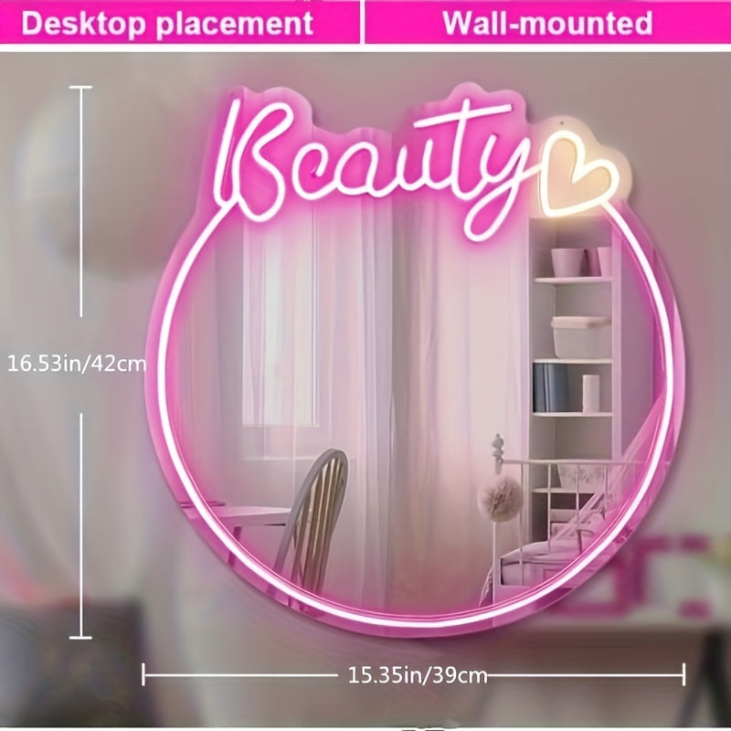 Beauty Neon Spiegel - Wandmontage, USB-Aangedreven Spiegellicht voor Meisjeskamer of Beautysalon