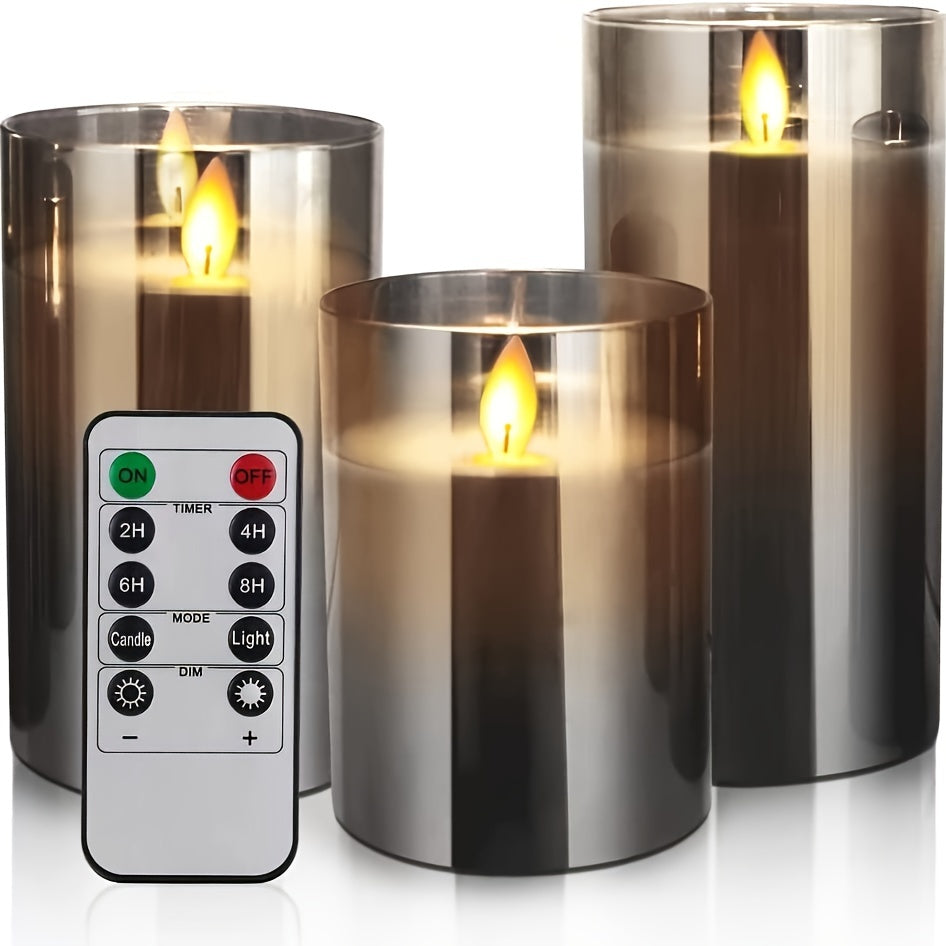 Set di 3 candele senza fiamma a LED, candele a batteria con effetto fiamma tremolante, candele a colonna in cera reale con fiamma mobile, effetto vetro grigio con telecomando e timer, 10,16 cm, 12,7 cm, 15,24 cm, confezione grigia da 3
