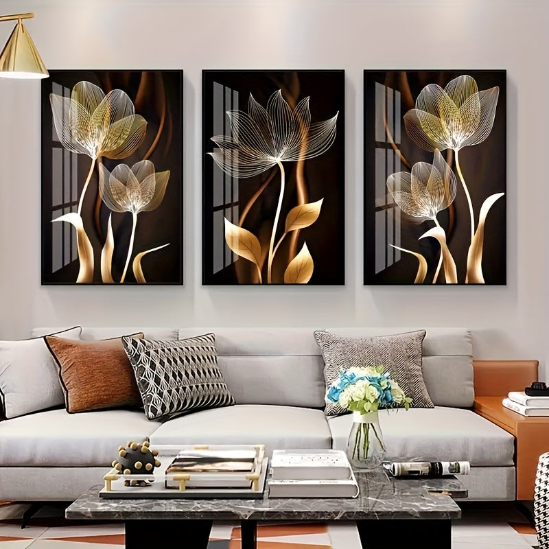 3-delige Luxe Canvas Posters - Gouden Bloemen Kunstwerken, Wanddecoratie voor Woonkamer, Slaapkamer, Kantoor, Hal en Keuken, Zonder Lijst