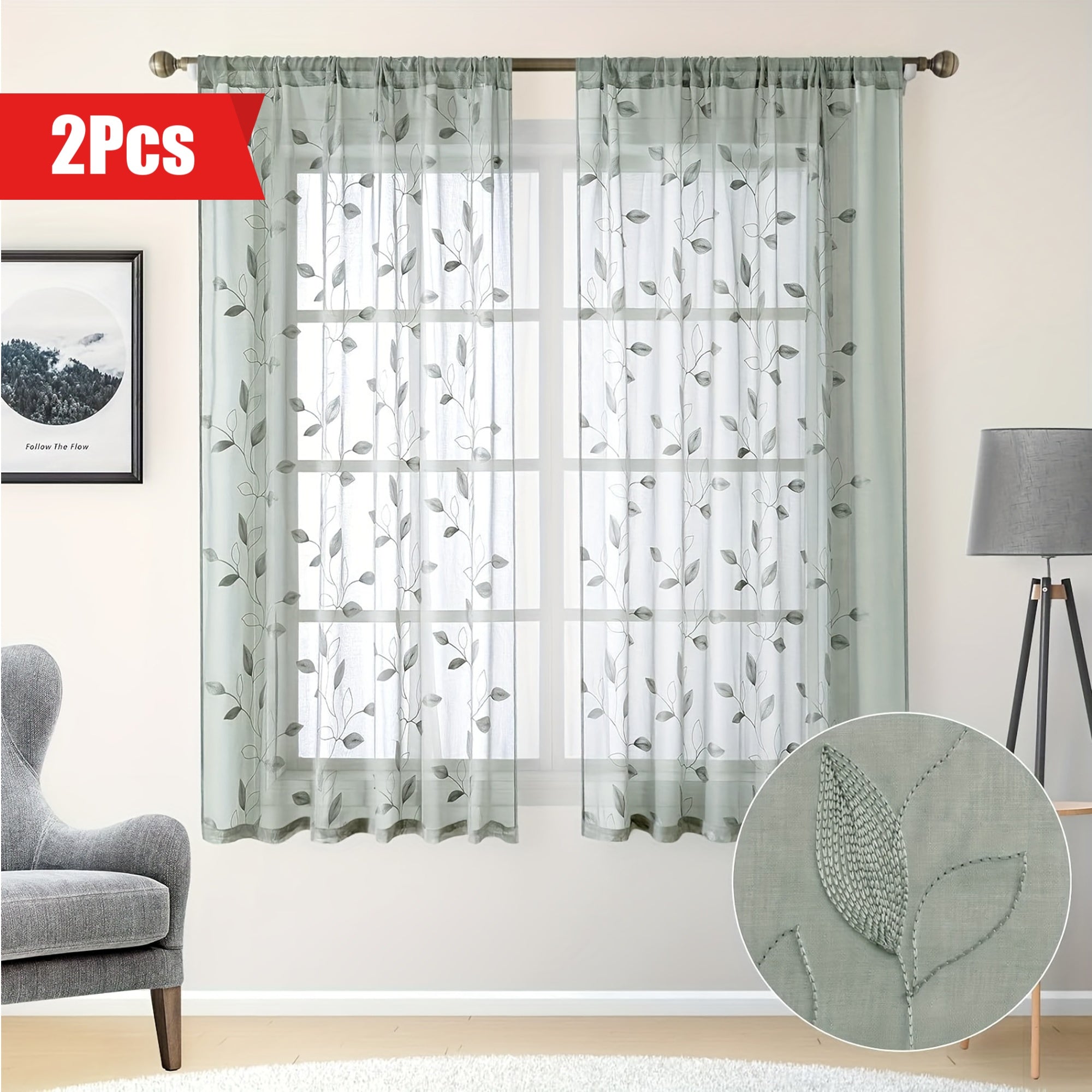 Blad Ricamo Tende Trasparenti - 2 Pezzi con Astuccio per Bastone per Camera da Letto e Soggiorno