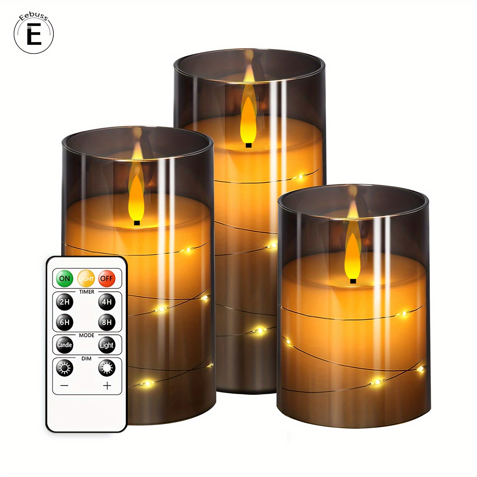 Candele LED senza fiamma con ghirlanda luminosa a forma di stella – Confezione da 3 grigie (D3*H10,16cm12,7cm15,24cm) Include telecomando e timer