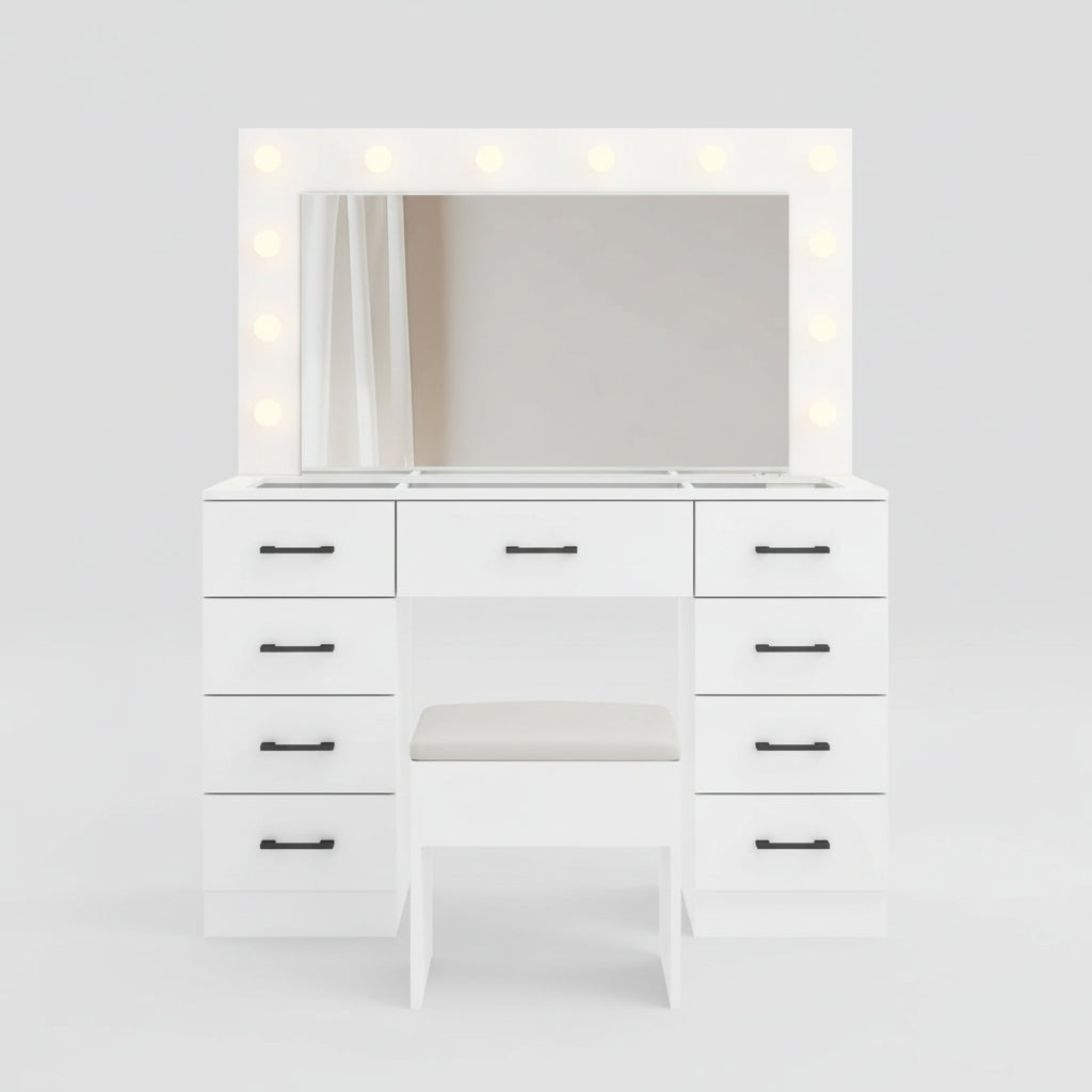 Espelho de Penteadeira com Iluminação LED Vintage Branco Mesa de Maquilhagem