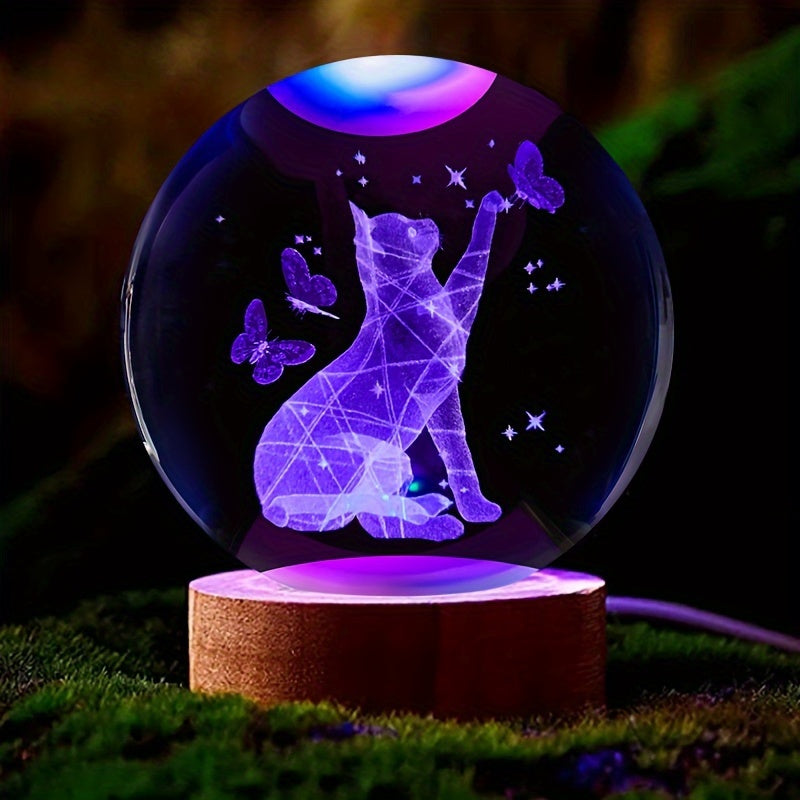 CrystalGlow - 3D Kat & Vlinder Kristallen Bol Nachtlamp met Houten Voet